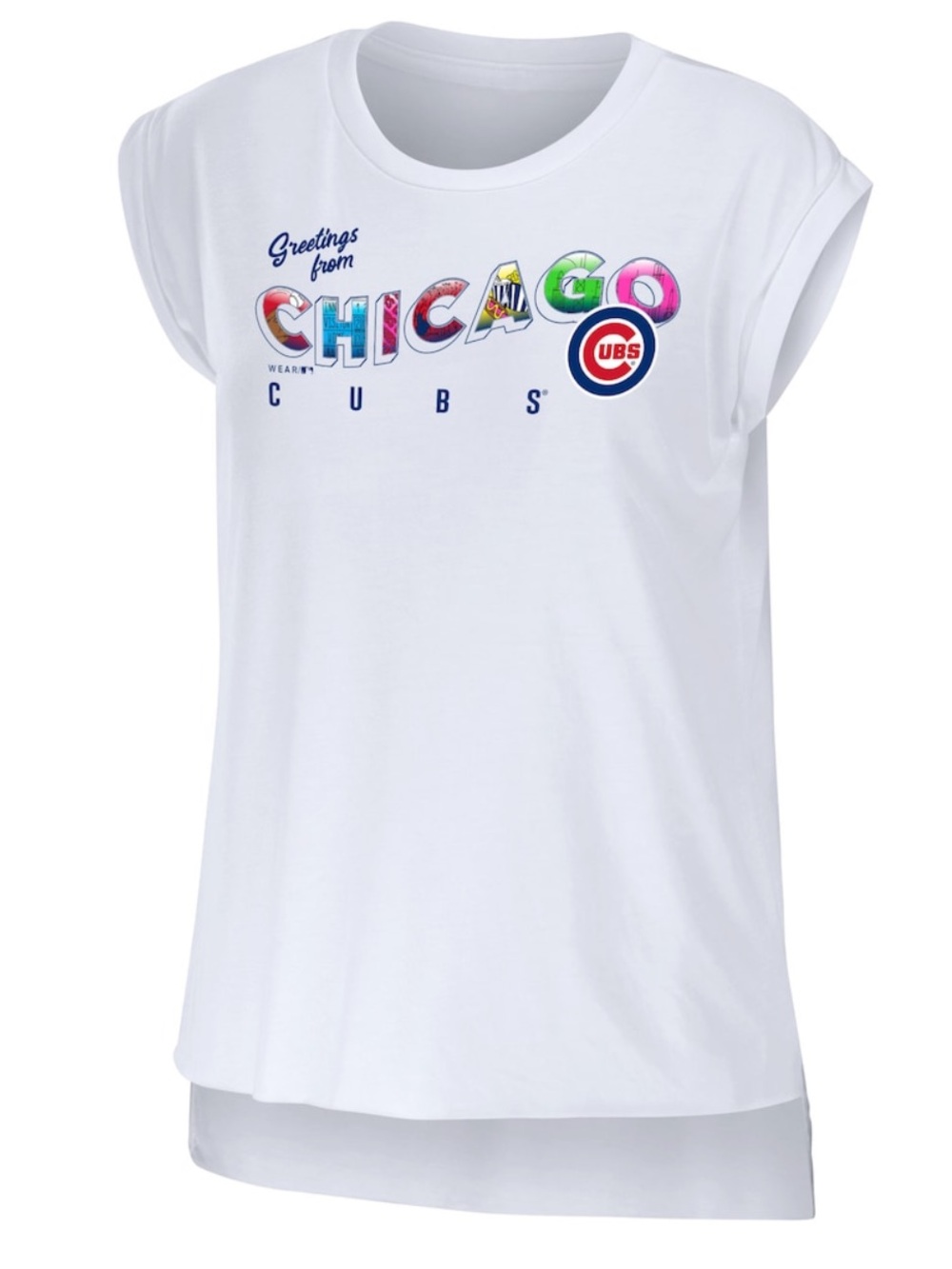 Chicago Cubs WEAR by Erin Andrews Women's Greetings From T-Shirt - White Small